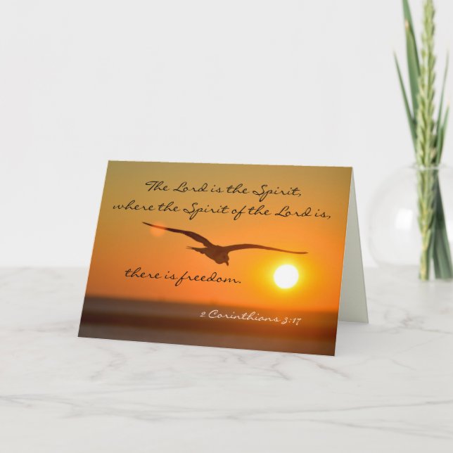Freedom Bible Verse, Bird Flying at Sunset Custom Thank You Card (Front)