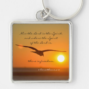Freedom Bible Verse, Bird Flying at Sunset Key Ring