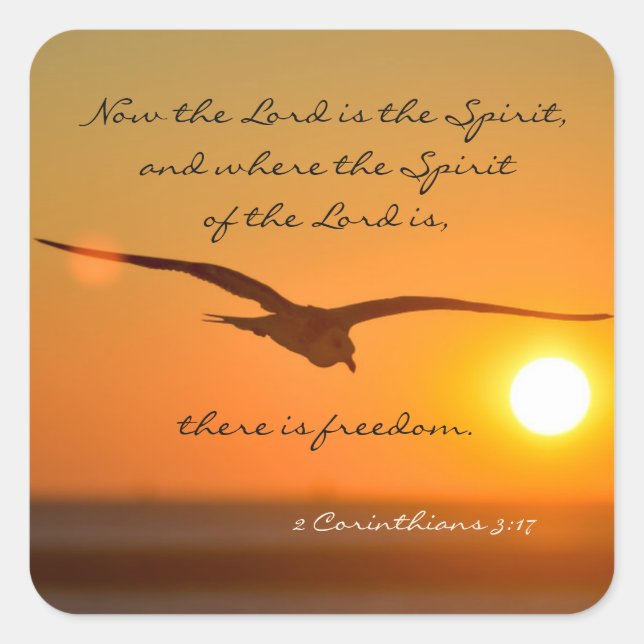 Freedom Bible Verse, Bird Flying at Sunset Square Sticker (Front)