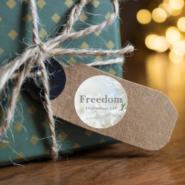 Freedom Bible Verse with Elegant White Flowers Classic Round Sticker (Creator Uploaded)