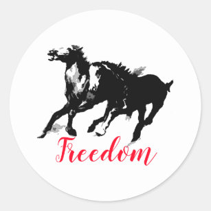 Freedom Black White Pop Art Running Horses Classic Round Sticker