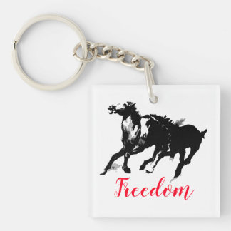 Freedom Black White Pop Art Running Horses Key Ring