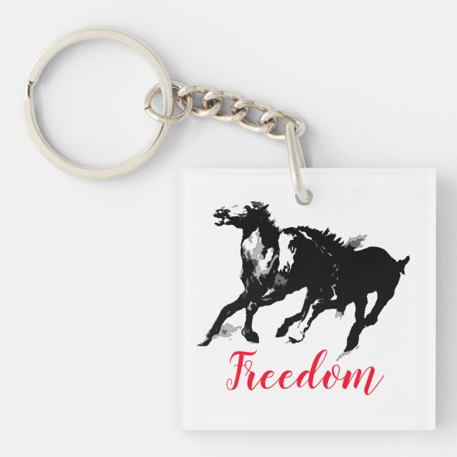 Freedom Black White Pop Art Running Horses Key Ring (Front)