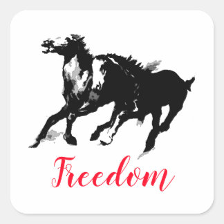 Freedom Black White Pop Art Running Horses Square Sticker