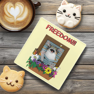 Freedom Escape Funny Cat Yellow Floral Window Glass Coaster
