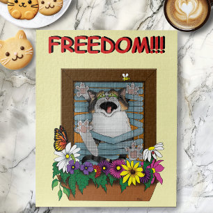 Freedom Escape Funny Cat Yellow Floral Window Jigsaw Puzzle