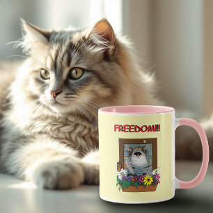 Freedom Escape Funny Cat Yellow Floral Window Mug