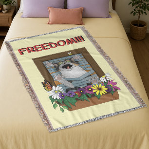 Freedom Escape Funny Cat Yellow Floral Window Throw Blanket