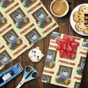 Freedom Escape Funny Cat Yellow Floral Window Wrapping Paper