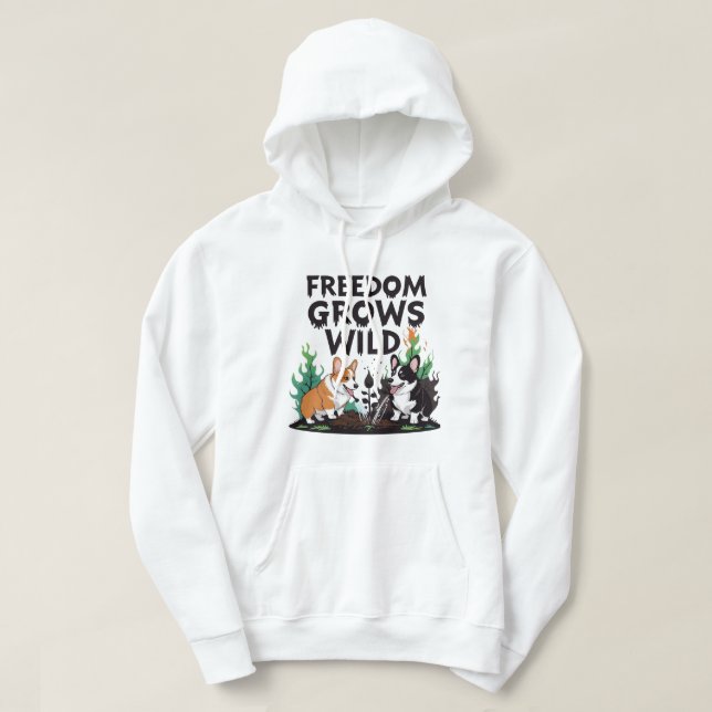 Freedom Grows Wild – Scary Corgi Gardening Cartoon Hoodie (Design Front)