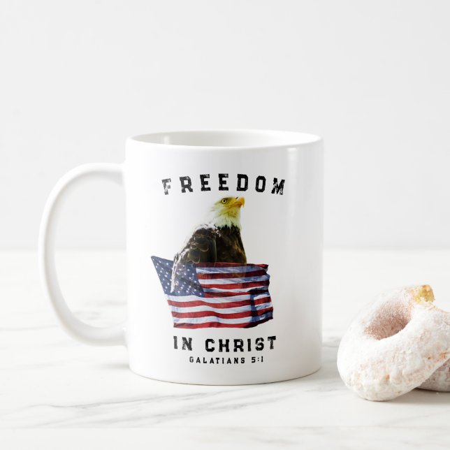 Freedom in Christ Bald Eagle & USA Flag Christian Coffee Mug (With Donut)