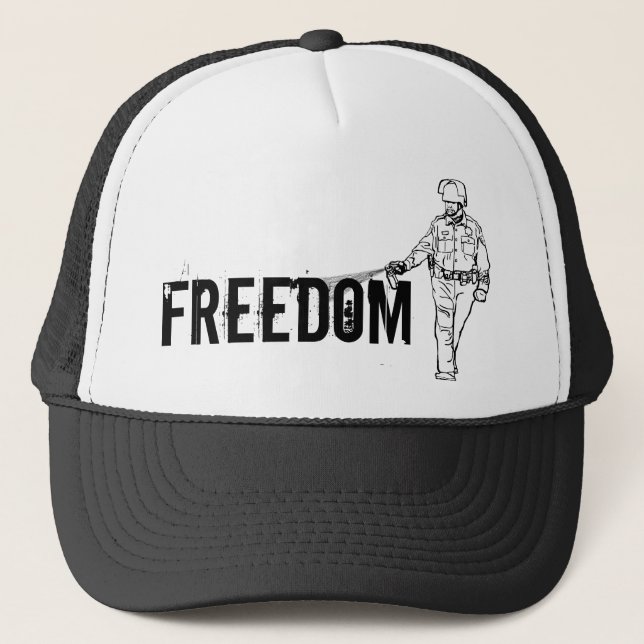 Freedom Pepper Spraying Cop Trucker Hat (Front)