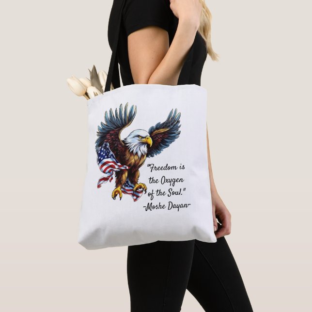 "Freedom" Quote with American Eagle and Flag Tote Bag (Close Up)