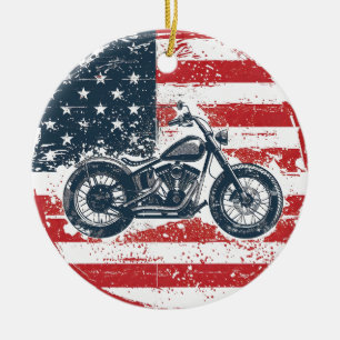 Freedom Ride: Retro Motorcycle and American Flag  Ceramic Tree Decoration