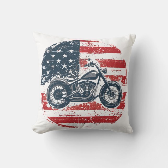 Freedom Ride: Retro Motorcycle and American Flag  Cushion (Front)