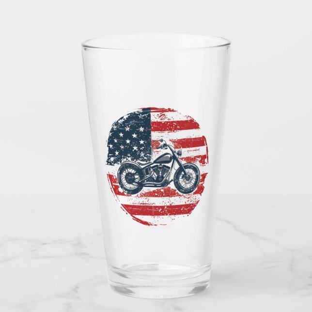 Freedom Ride: Retro Motorcycle and American Flag  Glass (Front)