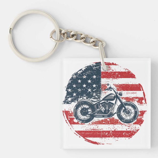 Freedom Ride: Retro Motorcycle and American Flag  Key Ring (Front)