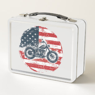 Freedom Ride: Retro Motorcycle and American Flag  Metal Lunch Box
