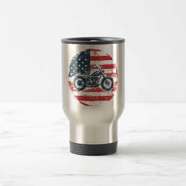 Freedom Ride: Retro Motorcycle and American Flag  Travel Mug (Center)