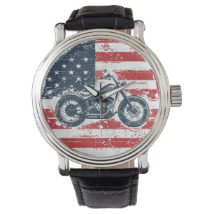 Freedom Ride: Retro Motorcycle and American Flag  Watch