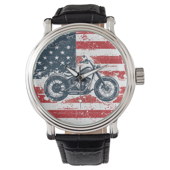 Freedom Ride: Retro Motorcycle and American Flag  Watch (Front)