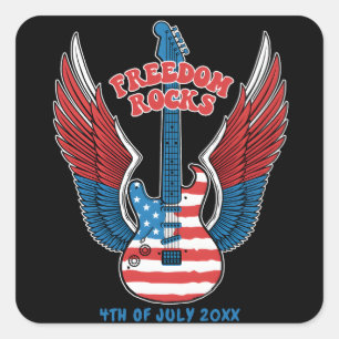 Freedom Rocks Guitar With Wings American Flag Square Sticker