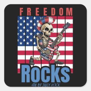 Freedom Rocks Skeleton with Guitar American Flag Square Sticker