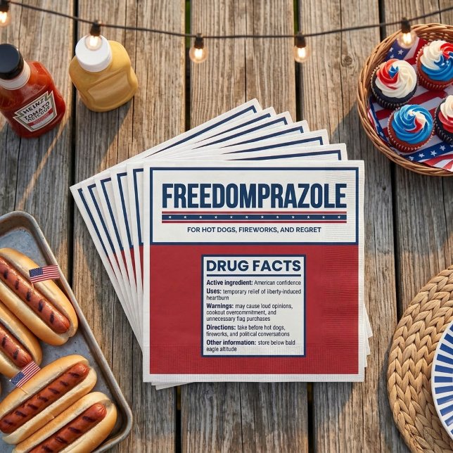 Freedomprazole Funny 4th of July Patriotic Napkins (Close-up of Freedomprazole party napkin design showing detailed fake drug facts label)