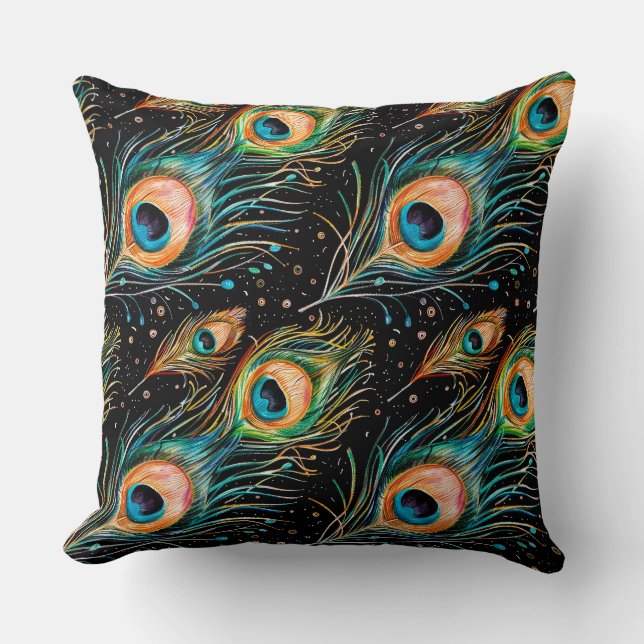 Freehand drawing with watercolor pencils of peacoc cushion (Front)