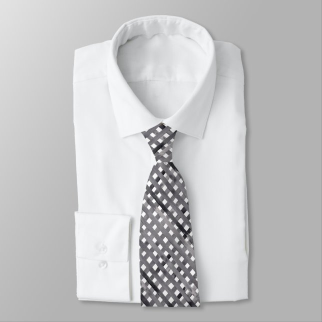 Freehand Painted Black Grey White Lines Tie (Tied)