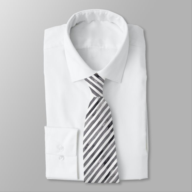 Freehand Painted Black Grey White Stripes Tie (Tied)