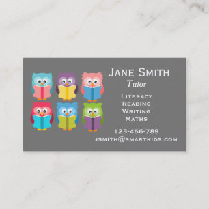 Freelance literacy tutor or teacher reading owl bu business card