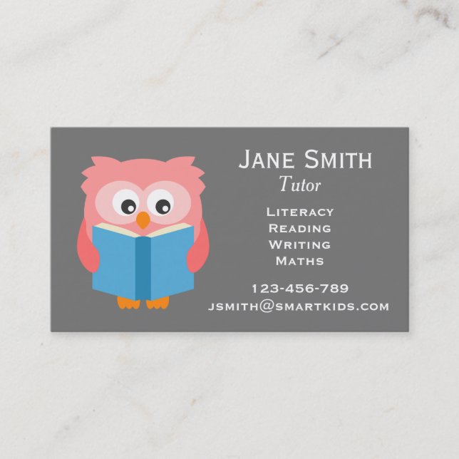 Freelance literacy tutor or teacher reading owl business card (Front)