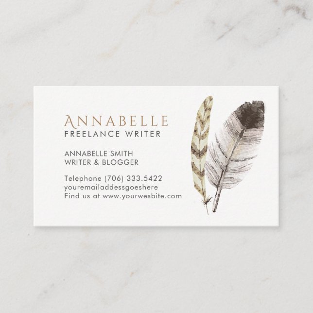 Freelance Writer Business Cards with Feathers (Front)