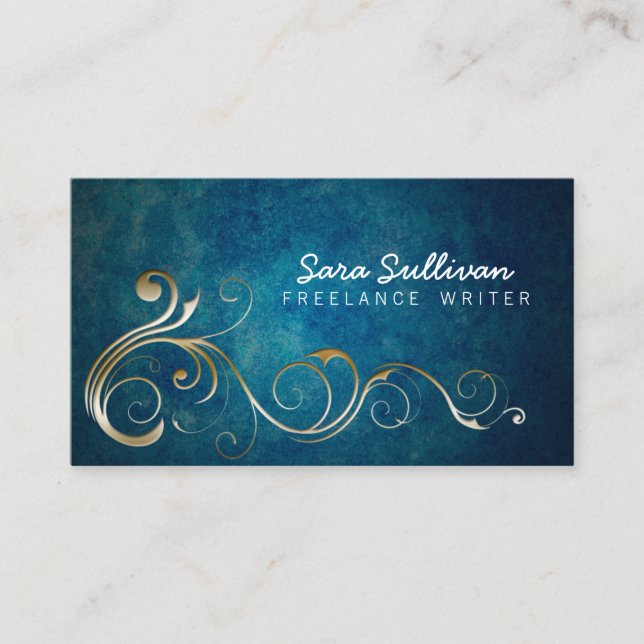 Freelance Writer Publishing Gold Floral Swirls Business Card (Front)