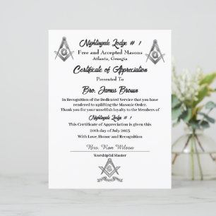Freemason Certificate of Appreciation