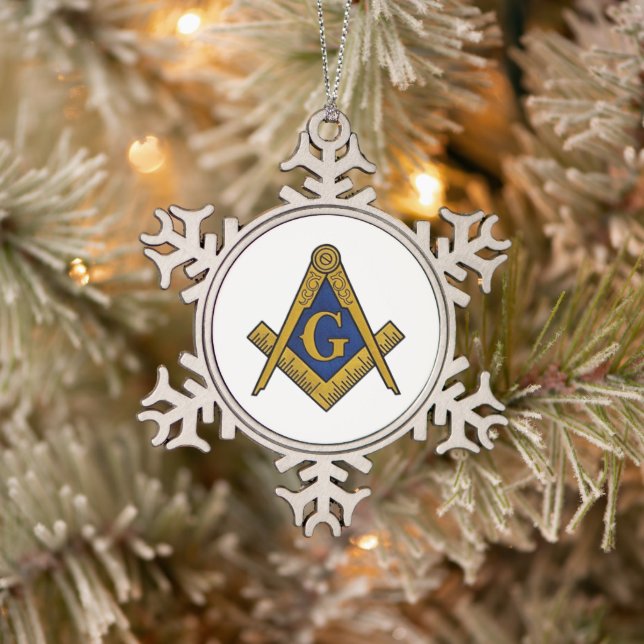 Freemason Masonic Square and Compass Freemasonry Snowflake Pewter Christmas Ornament (Tree)