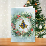 Freemason Masonic Watercolor Christmas Wreath Holiday Card<br><div class="desc">Freemason,  Masonic Christmas card. Winter Greenery,  berries,  classic,  festive,  botanical,  elegant,  Merry Christmas card. Watercolor berries,  pine tree wreath,  initial,  traditional card. Please personalise it with your details.</div>