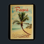 Freeport Palm Tree Vintage Travel Magnet<br><div class="desc">A uniquely retro mid-century modern Freeport Bahamas art print in vintage travel poster style. It features a curved palm tree on sandy beach with ocean under a blue cloudy sky.</div>