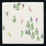Freeride Alpine Skiers Skiing Christmas Stone Coaster<br><div class="desc">Cool winter themed skier pattern design with skiers skiing down alpine ski resort slopes among snow covered fir trees in alps. Freeride skiers are wearing colourful vintage retro ski suits, skiing downhill with skis on a white snowy mountain landscape background. Wonderful winter sport fun gift for a skier in your...</div>