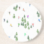 Freeride Alpine Skiers Skiing Illustration Party   Coaster<br><div class="desc">Cool winter themed skier pattern design with skiers skiing down alpine ski resort slopes among snow covered fir trees in alps. Freeride skiers are wearing colorful vintage retro ski suits, skiing downhill with skis on a white snowy mountain landscape background. Wonderful winter sport fun gift for a skier in your...</div>