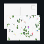 Freeride Alpine Skiers Skiing Illustration Party   Postcard<br><div class="desc">Cool winter themed skier pattern design with skiers skiing down alpine ski resort slopes among snow covered fir trees in alps. Freeride skiers are wearing colourful vintage retro ski suits, skiing downhill with skis on a white snowy mountain landscape background. Wonderful winter sport fun gift for a skier in your...</div>