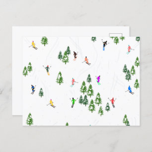 Freeride Alpine Skiers Skiing Illustration Party   Postcard