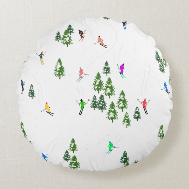 Freeride Alpine Skiers Skiing Illustration Party  Round Cushion (Front)
