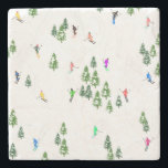 Freeride Alpine Skiers Skiing Illustration Party   Stone Coaster<br><div class="desc">Cool winter themed skier pattern design with skiers skiing down alpine ski resort slopes among snow covered fir trees in alps. Freeride skiers are wearing colourful vintage retro ski suits, skiing downhill with skis on a white snowy mountain landscape background. Wonderful winter sport fun gift for a skier in your...</div>