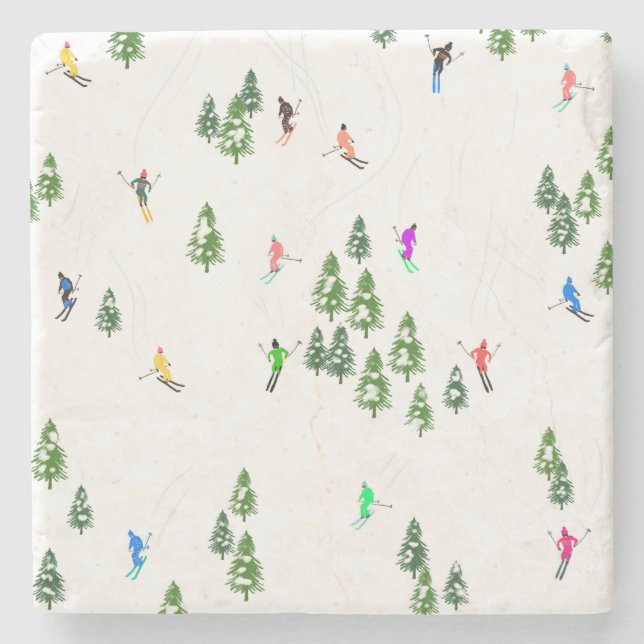 Freeride Alpine Skiers Skiing Illustration Party   Stone Coaster (Front)