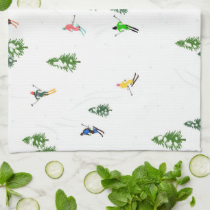 Freeride Alpine Skiers Skiing Illustration Party   Tea Towel