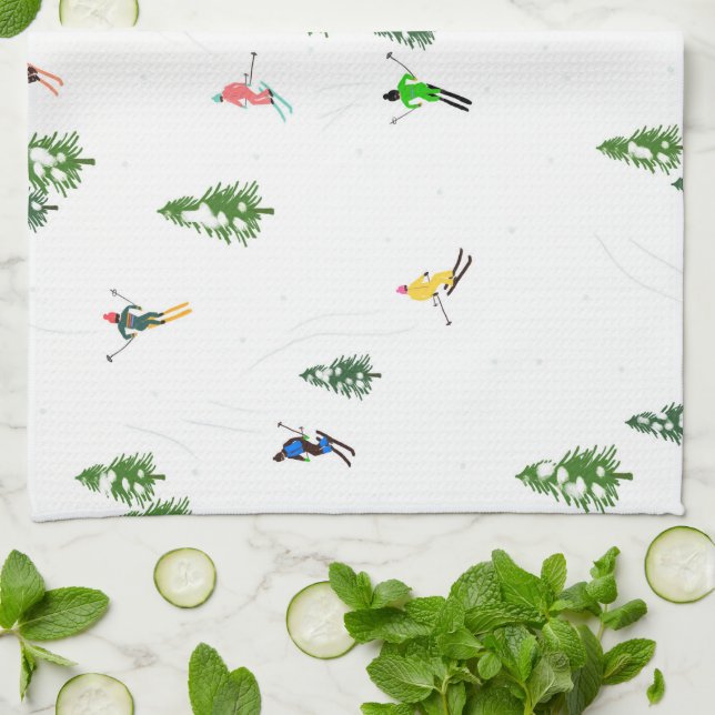 Freeride Alpine Skiers Skiing Illustration Party   Tea Towel (Folded)