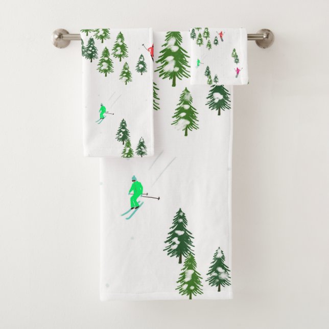 Freeride Alpine Skiers Skiing Illustration Ski  Bath Towel Set (Insitu)