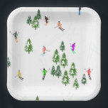 Freeride Alpine Skiers Skiing Ski Skis Art Party  Paper Plate<br><div class="desc">Cool winter themed skier pattern design with skiers skiing down alpine ski resort slopes among snow covered fir trees in alps. Freeride skiers are wearing colourful vintage retro ski suits, skiing downhill with skis on a white snowy mountain landscape background. Wonderful winter sport fun gift for a skier in your...</div>